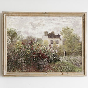 Rosengarten Vintage Gemälde, Cottage Ölgemälde, gedämpfte Sommer Vintage Landschaft Print Wandkunst, antike digitale Rosen