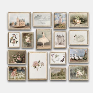 Quarto de meninas berçário vintage, conjunto de arte de parede de galeria com 16, estampas rosa suaves, tons neutros de flores, antigo silenciado para impressão