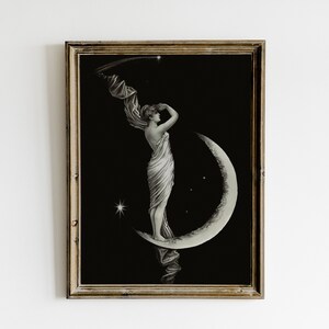 Woman Moody Wall Decor, Vintage Art Nouveau Print, Dark Vintage Printable Wall Art, Dark Academia Decor, Crescent Moon