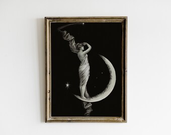 Vrouw humeurig muur decor, vintage art nouveau print, donkere vintage afdrukbare muur kunst, donkere Academia decor, halve maan