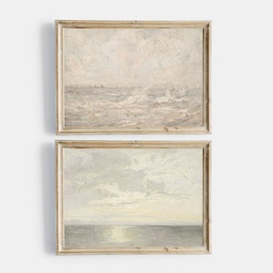 Vintage imprimible galería arte de la pared conjunto de 2, impresiones de playa antiguas neutrales silenciadas, pintura al óleo costera de paisaje marino vintage