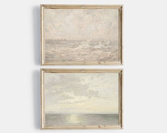 Set di 2 opere d'arte da parete stampabili vintage, stampe da spiaggia antiche neutre in sordina, pittura a olio costiera vintage con vista sul mare