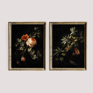 Dunkle Blumen Stillleben Ölgemälde, Stimmungsvolle druckbare Galerie Wand Kunst 2er Set, dunkles Academia Dekor Set, botanische Gothik