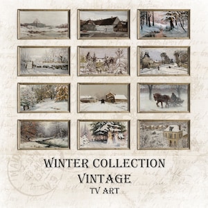 May include: A collection of 12 vintage winter scenes in framed artwork. Each scene depicts a snowy landscape with trees, houses, and figures. The artwork is displayed on a textured background with the text "Winter Collection Vintage TV Art".
