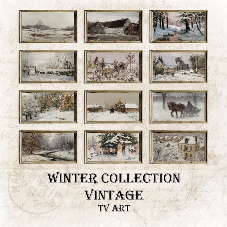 May include: A collection of 12 vintage winter scenes in framed artwork. Each scene depicts a snowy landscape with trees, houses, and figures. The artwork is displayed on a textured background with the text "Winter Collection Vintage TV Art".