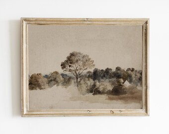 Muted Summer Vintage Landscape Print Wall Art, Summer Country Antique Painting, Antique Watercolor Digital Printable