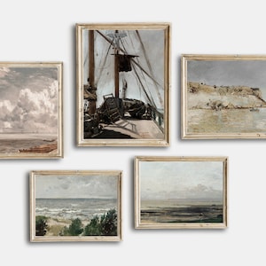 Pintura costera de paisaje marino vintage, conjunto de arte de pared de galería imprimible vintage de 5, arte de pared con impresiones de barcos náuticos antiguos