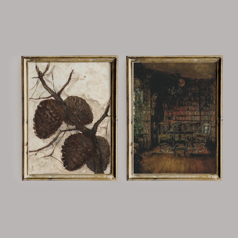 May include: Two framed paintings, one with a brown branch with pine cones and the other with a dark interior scene of a room with bookshelves and chairs.