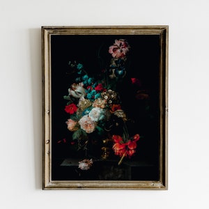 Dunkles Blumen Stillleben Ölgemälde, stimmungsvolle Vintage druckbare Wandkunst, dunkles Academia Dekor, botanischer Goth Druck
