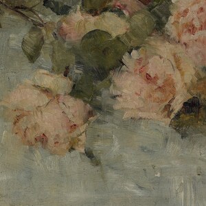 May include: A close-up of a painting depicting a bouquet of pink roses with green leaves. The roses are painted in a loose, impressionistic style, with visible brushstrokes. The background is a soft, muted blue-gray.