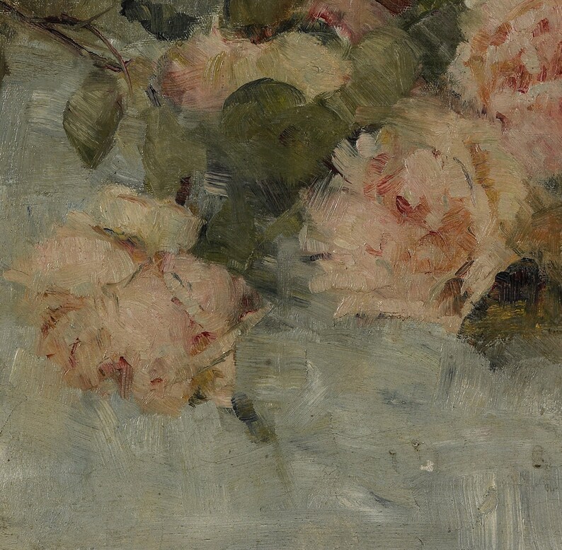 May include: A close-up of a painting depicting a bouquet of pink roses with green leaves. The roses are painted in a loose, impressionistic style, with visible brushstrokes. The background is a soft, muted blue-gray.