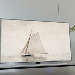 May include: A watercolor painting of a sailboat with white sails on a calm sea. The painting is framed and displayed on a television screen.