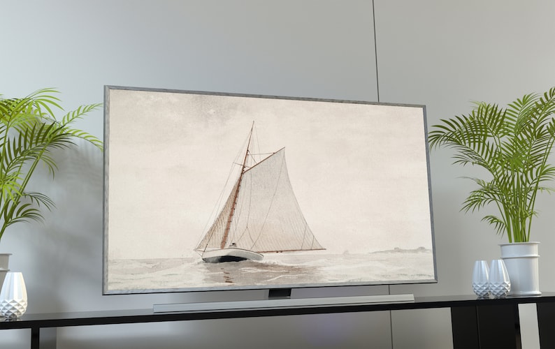 May include: A watercolor painting of a sailboat with white sails on a calm sea. The painting is framed and displayed on a television screen.