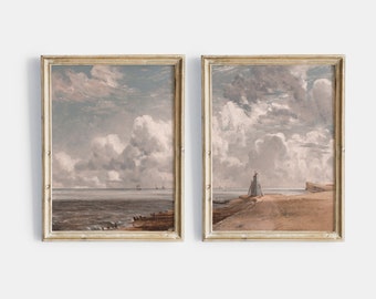 Vintage Printable Gallery Wall Art Set Of 2, Antique Nautical Sailboat Prints, Vintage Seascape Coastal Oil Painting