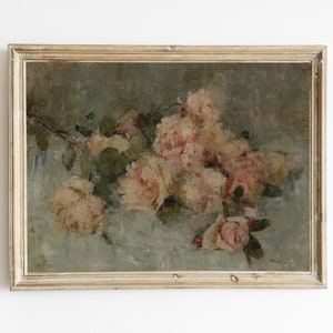 May include: A framed oil painting of a bouquet of pink roses on a light blue background.