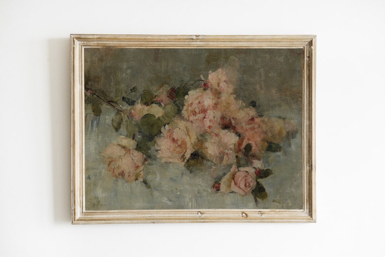 May include: A framed oil painting of a bouquet of pink roses on a light blue background.