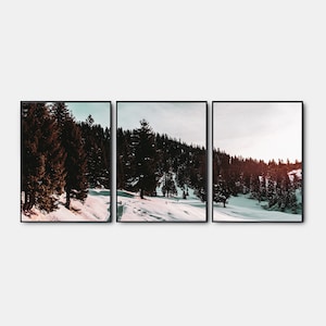 Winter Gallery Wall Art Set Of 3, Modern Winter Forest Poster, Pine Trees Prints, Snow Gallery Landscape Printable Set