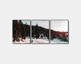 Winter Gallery Wall Art Set Of 3, Modern Winter Forest Poster, Pine Trees Prints, Snow Gallery Landscape Printable Set
