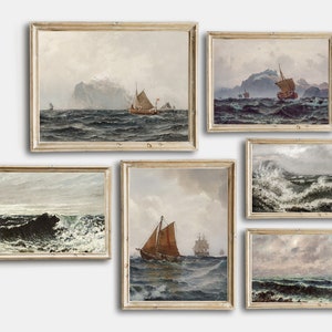 Pintura costera de paisaje marino vintage, conjunto de arte de pared de galería imprimible vintage de 6, arte de pared con impresiones de barcos náuticos antiguos