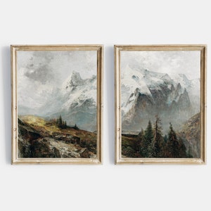 Vintage Mountain Landscape Painting Prints, Printable Gallery Wall Art Set Of 2, Mountain Country Antique Paintings