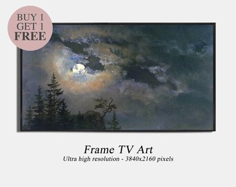 Samsung Frame Tv Art Vintage, Moonlit Landscape, Dark Academia Decor Frame Tv, Night Sky Painting Digital Download TV