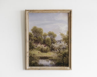 Vintage Cottage Landscape Painting, Antique River Digital Printable, Warm Tone Print Wall Art, Antique Countryside