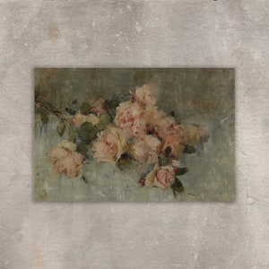 May include: A painting of a bouquet of pink roses on a light blue background.