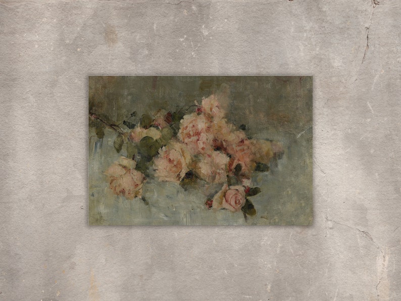 May include: A painting of a bouquet of pink roses on a light blue background.