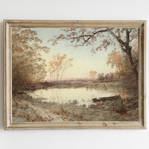 Antike Vintage Herbst Landschaft Malerei, warme Ton druckbare, See Küsten Malerei, gedämpfte Herbst Druck Wandkunst