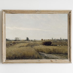 Antique Vintage Autumn Landscape Painting, Warm Tone Printable, Wheat Fields Painting, Muted Autumn print Wall Art