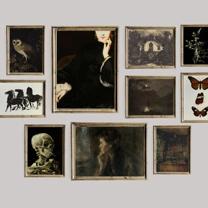 Dark Academia Decor Set, Dark Vintage Printable Gallery Wall Art Set Of 10, Moody Victorian Print, Skeleton, Moth, Horse