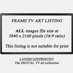 May include: A black and white text graphic on a white background. The text reads "FRAME TV ART LISTING ALL images file size at 3840 x 2160 pixels (16:9 ratio) This listing is not suitable for print LANDSCAPEPRINTSIT The DIGITAL TV art collection".