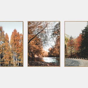 Conjunto imprimible de paisaje de otoño, conjunto de arte de pared de la galería de otoño de 3, cartel de camino en otoño, impresiones digitales de la naturaleza de otoño