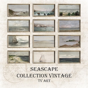 May include: A collection of 12 vintage seascape paintings in ornate frames. The paintings depict various scenes of the ocean, including boats, islands, and beaches. The paintings are all in muted tones of blue, green, and brown.