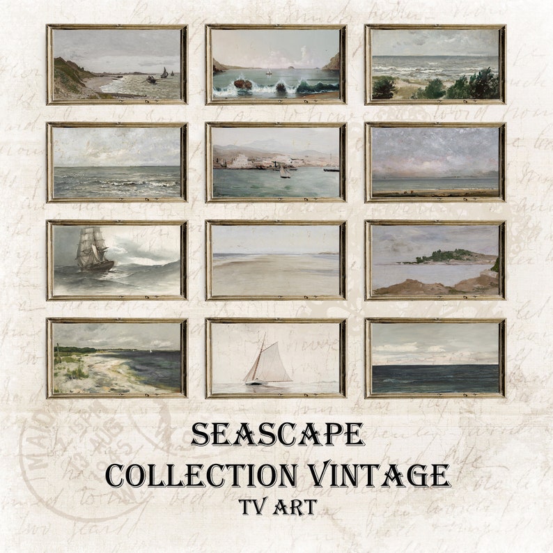 May include: A collection of 12 vintage seascape paintings in ornate frames. The paintings depict various scenes of the ocean, including boats, islands, and beaches. The paintings are all in muted tones of blue, green, and brown.