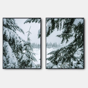 Winter Gallerie Wand Kunst 2er Set, Moderner Winterwald Poster, Kiefern Bäume Drucke, Schnee Galerie Landschaft Printable Set