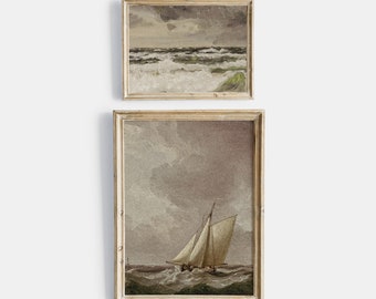 Vintage Printable Gallery Wall Art Set Of 2, Antique Nautical Sailboat Prints, Vintage Seascape Coastal Oil Painting