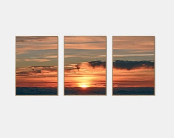 Stampa costiera al tramonto pastello, stampabile costiera moderna, set di 3 poster sull'oceano, spiaggia estiva della California, arte da parete in 3 pezzi