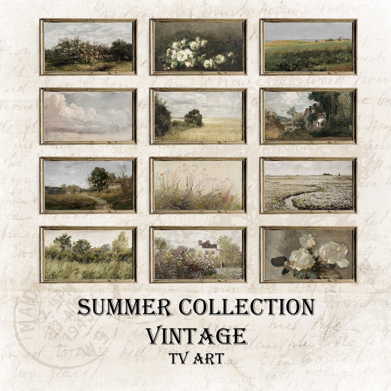 May include: A collage of 12 vintage paintings in ornate frames, depicting various summer scenes. The paintings feature landscapes, flowers, and a farmhouse. The text "SUMMER COLLECTION VINTAGE TV ART" is at the bottom of the image.