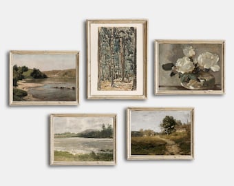 Antique Vintage Lake Coastal Painting, Rustic Printable Gallery Wall Art Set Of 5, Muted Rustic Landscape Warm Prints