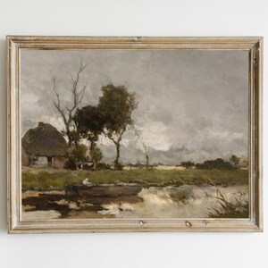 Vintage Cottage Landscape Painting, Antique River Digital Printable, Warm Tone Print Wall Art, Antique Countryside