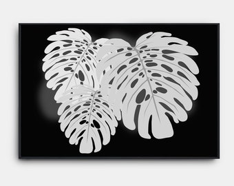 Monstera Leaves Print, Black And White Tropical Leaf Wall Art, Beach Black And White Prints, Botanical Gallery Wall Art