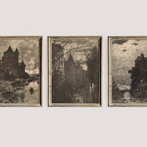 Stimmungsvolle Landschaftsmalerei Druck, dunkle druckbare Galerie Wand Kunst 3er Set, dunkle Academia Dekor Set, Vintage Nachthimmel Kunst