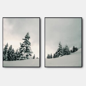 Winter Gallery Wall Art Set Of 2, Modern Winter Forest Poster, Pine Trees Prints, Snow Gallery Landscape Printable Set