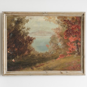 Antike Vintage Herbst Landschaft Malerei, warme Ton druckbare, See Küsten Malerei, gedämpfte Herbst Druck Wandkunst