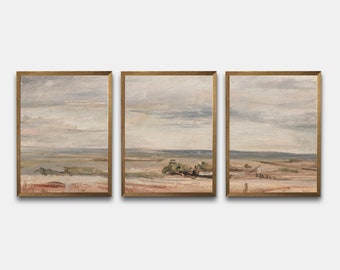 Vintage Printable Gallery Wall Art Set Of 3, Muted Neutral Antique Beach Prints, Vintage Seascape Coastal Oil Painting