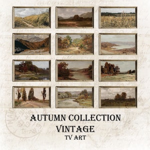 May include: A collage of 10 framed vintage paintings depicting autumn landscapes. The paintings feature scenes of forests, rivers, and fields in various shades of brown, green, and yellow. The text "AUTUMN COLLECTION VINTAGE TV ART" is displayed at the bottom of the image.