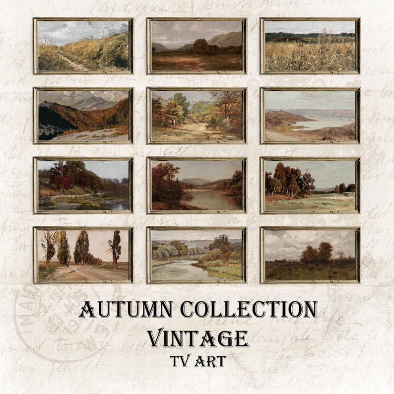 May include: A collage of 10 framed vintage paintings depicting autumn landscapes. The paintings feature scenes of forests, rivers, and fields in various shades of brown, green, and yellow. The text "AUTUMN COLLECTION VINTAGE TV ART" is displayed at the bottom of the image.