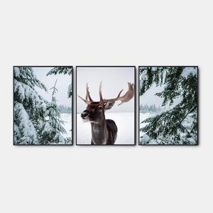 Navidad nórdica imprimible, galería de arte de pared conjunto de 3, impresiones de Navidad, cartel del bosque de invierno, impresión de renos, arte de pinos