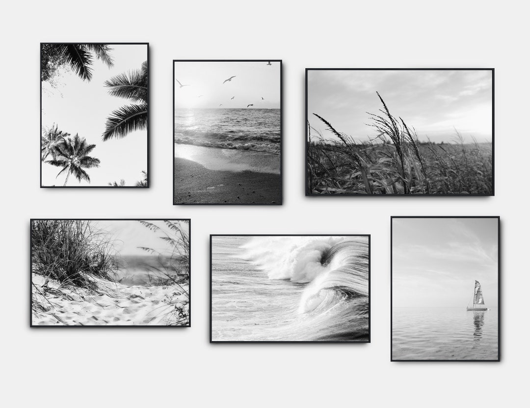 Beach Black and White Prints, Gallery Wall Art Set of 6, Sunset Coastal